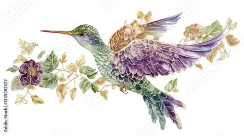 Ornate hummingbird in flight among floral border. Possible use Decorative print, wallpaper, textile design