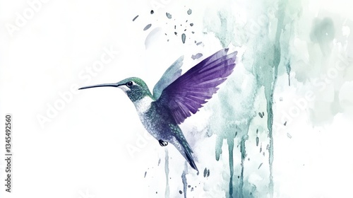 Watercolor hummingbird in flight, abstract background