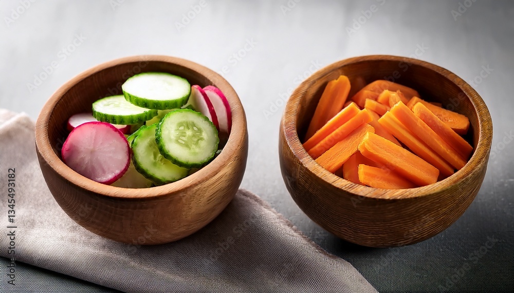 cucumber radish and carrot slices beautifully arranged in wooden bowls creating a vibrant and healthy cucumber radish and carrot slices beautifully arranged in wooden bowls creating a vibrant and healthy