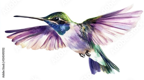 Watercolor hummingbird in flight against white background. Possible use Greeting cards, wall art, nature-themed prints