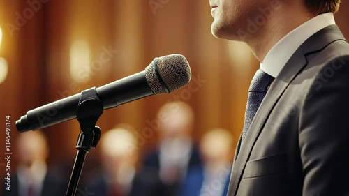 Diplomatic negotiator making a statement at a press conference, carefully addressing public concerns about ongoing peace efforts