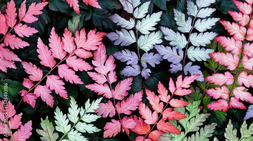 Colorful Fern Leaves Displaying Vibrant Shades of Pink and Green