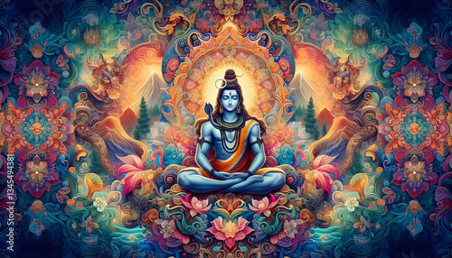 Lord Shiva in Meditation Surrounded by Colorful Flowers and Divine Light