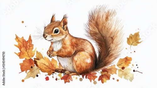 Watercolor Squirrel with Autumn Leaves (4)