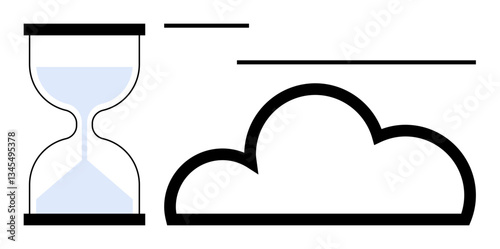 Hourglass beside a cloud outline, blending timelessness and innovation. Ideal for time management, technology, productivity, cloud computing, data storage, future trends, flat simple metaphor
