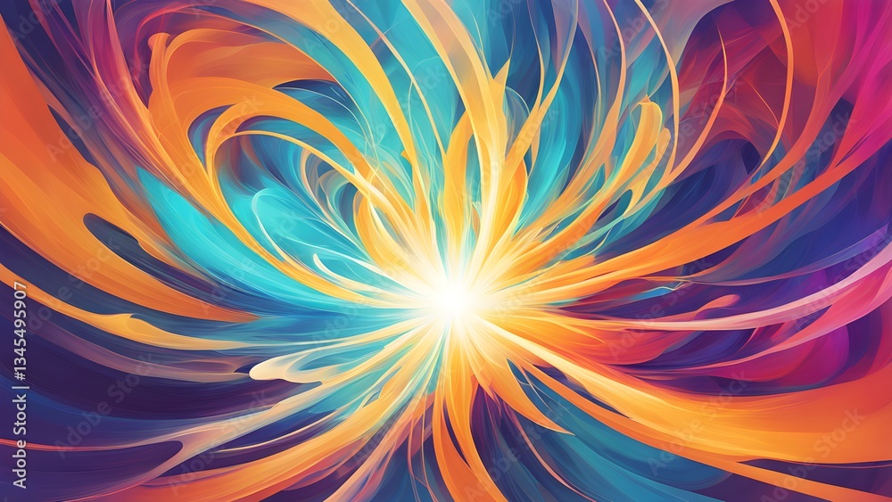 An abstract image featuring a vibrant burst teal, orange, purple hues radiating outwards from a central bright point. An abstract image featuring a vibrant burst teal, orange, purple hues radiating outwards from a central bright point.