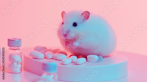 Fluffy white hamster surrounded by pills in a vibrant pink and blue light. Use Stock photo for health, science, or pet-related themes