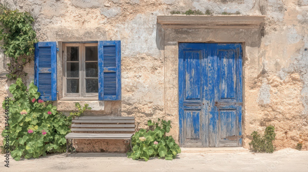 Fototapeta premium Weathered Stone Building with Blue Door and Window