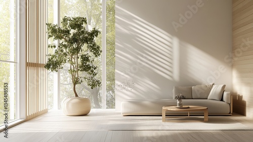 Minimalist living room with clean design and soft light, embodying modern simplicity and elegance.
