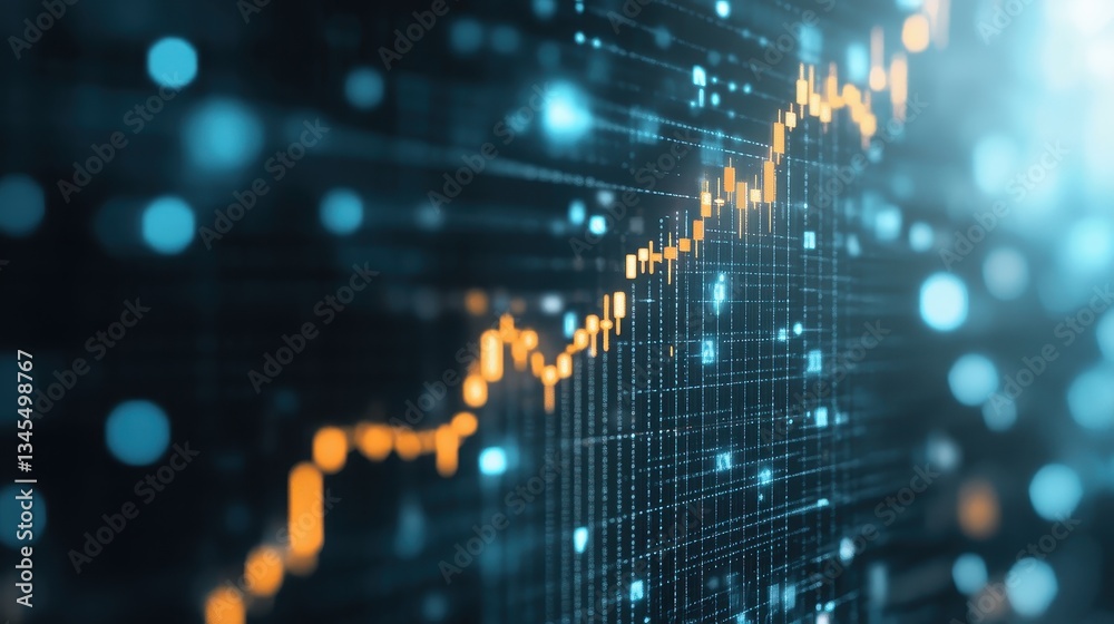 Fototapeta premium Dynamic financial growth chart, vibrant upward trend with glowing data points, ideal for business reports and presentations.
