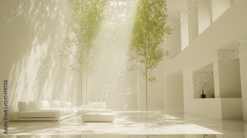 Minimalist living room with clean design and soft light, embodying modern simplicity and elegance.