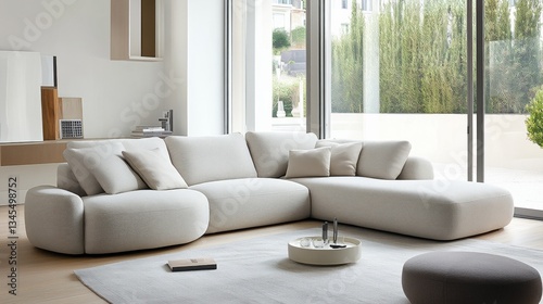 Minimalist living room with clean design and soft light, embodying modern simplicity and elegance.