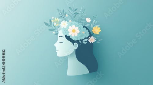 Profile view of woman with flowers on head. Peaceful, mindful concept. Stock photo