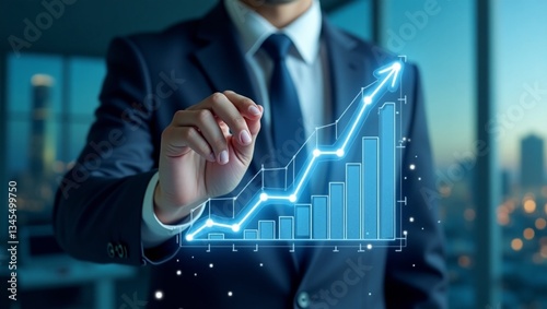 Ascending Ambition: A sharp businessperson in a tailored suit traces the dynamic growth of financial data, representing market expansion and success.