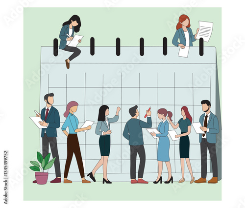 Business Team Planning Schedule on Large Calendar. Office Work Management Vector.