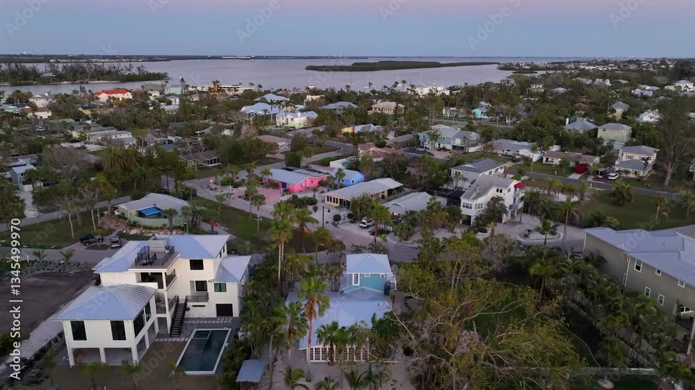 Aerial flyover Longboat Key, FL, with vibrant community of coastal homes. Elevated designs and lush greenery surround the area, with views of the water enhancing tropical charm. Wide shot. Dusk scene. Aerial flyover Longboat Key, FL, with vibrant community of coastal homes. Elevated designs and lush greenery surround the area, with views of the water enhancing tropical charm. Wide shot. Dusk scene.