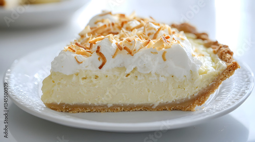 Delicious Slice of Coconut Cream Pie with Whipped Topping and Toasted Coconut Flakes