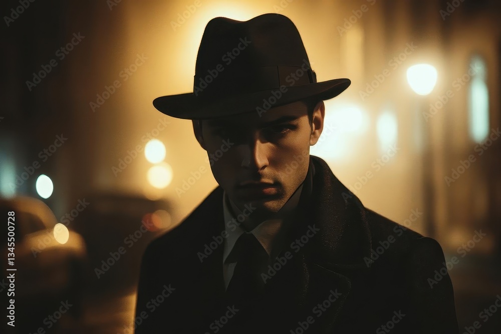 a young man in traditional fedora hat dramatic chiaroscuro lighting urban street backdrop moody film noir style portrait cinematic composition mistfilled atmosphere a young man in traditional fedora hat dramatic chiaroscuro lighting urban street backdrop moody film noir style portrait cinematic composition mistfilled atmosphere