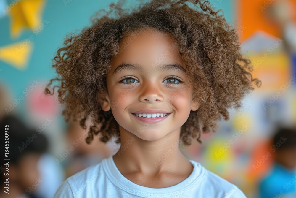 a young student with vibrant bouncing curls radiates joy in a sunlit classroom engaging with classmates amid colorful educational posters and floating paper airplanes a young student with vibrant bouncing curls radiates joy in a sunlit classroom engaging with classmates amid colorful educational posters and floating paper airplanes