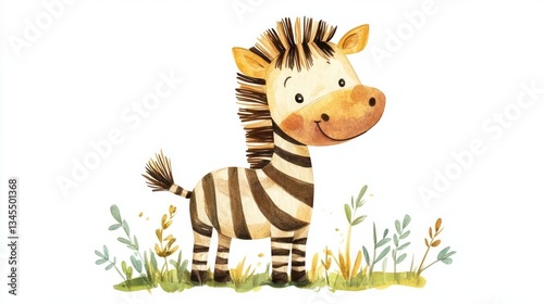 Cute zebra illustration in a grassy meadow. Perfect for children's room decor