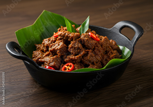 Wallpaper Mural Close-Up of Traditional Rendang in Black Bowl on Wooden Table – Rich Texture and Authentic Presentation Torontodigital.ca