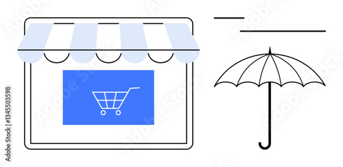 Digital storefront with a striped awning and shopping cart icon, paired with an umbrella. Ideal for e-commerce, insurance, protection, online business, security, financial safety customer care. Flat