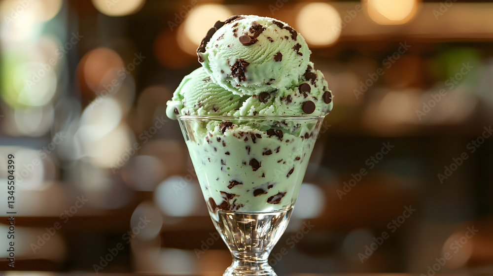 Fototapeta premium Deliciously Presented Scoop of Mint Chocolate Ice Cream in a Clear Glass Dish