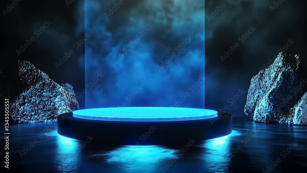 black podium with glowing blue spotlight, dramatic and futuristic, focus on contrast and bold elegance
