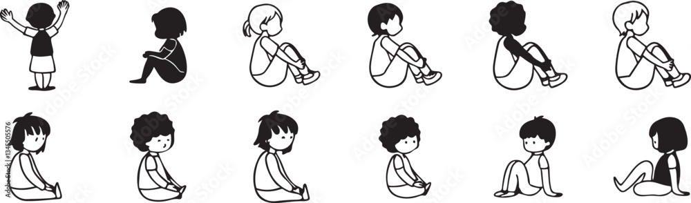 Silhouettes of a Child Demonstrating Various Sitting and Walking Poses. set Silhouettes of a Child Demonstrating Various Sitting and Walking Poses. set
