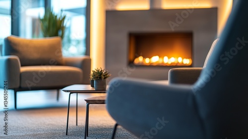 Cozy contemporary living room with comfortable seating and a fireplace, blending elegance and warmth.