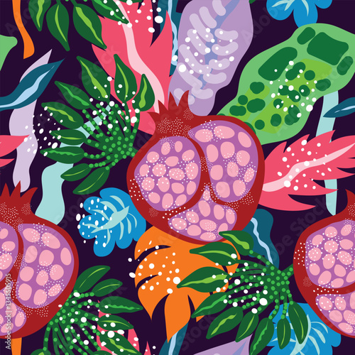pomegranate, colorful pink, green, oranges, blue and different shapes of leaves with white icing seamless pattern. Pomegranate with colorful leaves and white polka dots seamless pattern. 