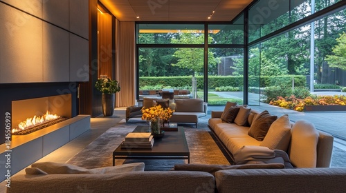 Cozy contemporary living room with comfortable seating and a fireplace, blending elegance and warmth.