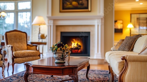 Cozy contemporary living room with comfortable seating and a fireplace, blending elegance and warmth.