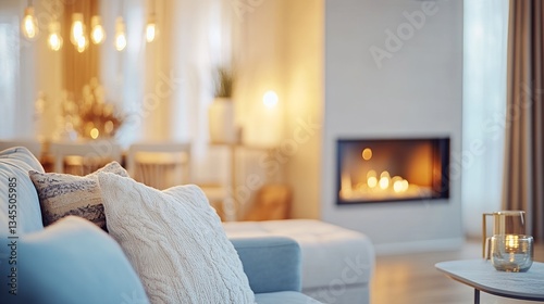 Cozy contemporary living room with comfortable seating and a fireplace, blending elegance and warmth.