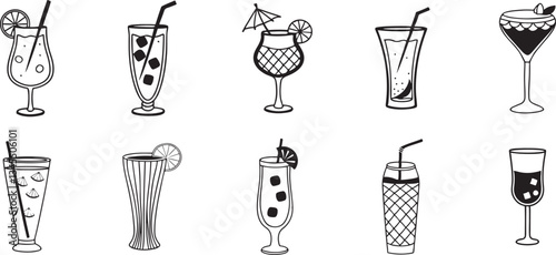 Black and White Silhouettes of Diverse Cocktail Glasses  , Unique Shapes and Decorations. set