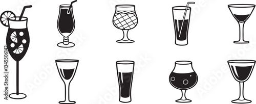 Black and White Silhouettes of Diverse Cocktail Glasses  , Unique Shapes and Decorations. set