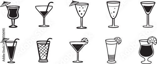 Black and White Silhouettes of Diverse Cocktail Glasses  , Unique Shapes and Decorations. set