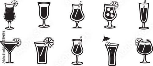 Black and White Silhouettes of Diverse Cocktail Glasses  , Unique Shapes and Decorations. set