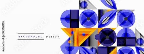 Geometric abstract composition with intersecting shapes, circles, triangles, and gradients, blending vibrant colors and dynamic contrasts to create a modern, futuristic visual design