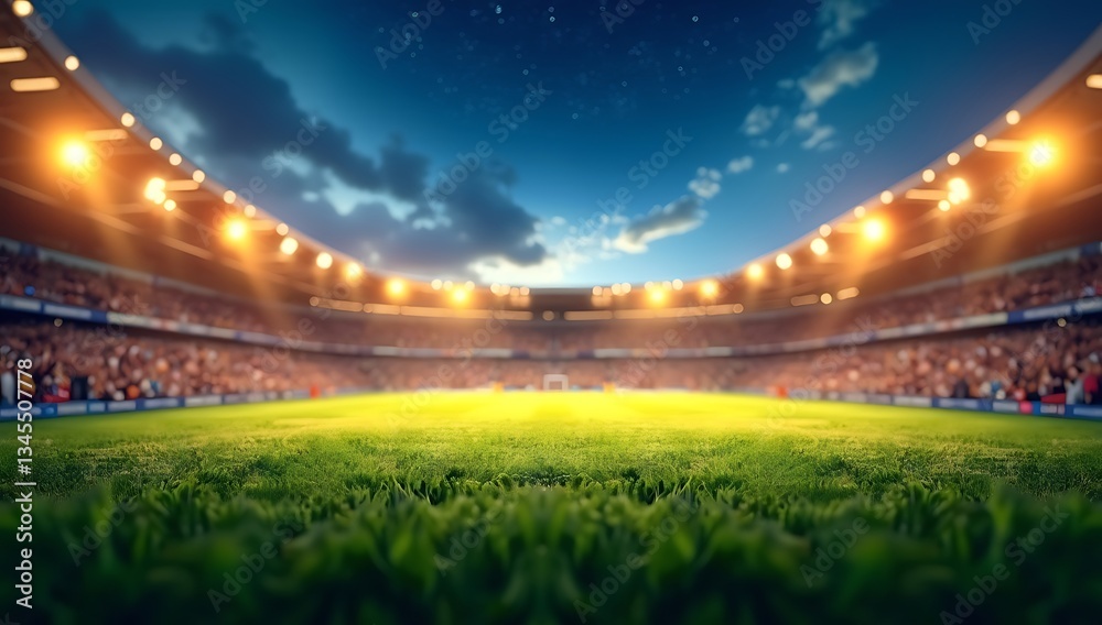 Fototapeta premium Blurred Background of a Sports Stadium with Bright Floodlights, Representing Excitement and Game Day Atmosphere