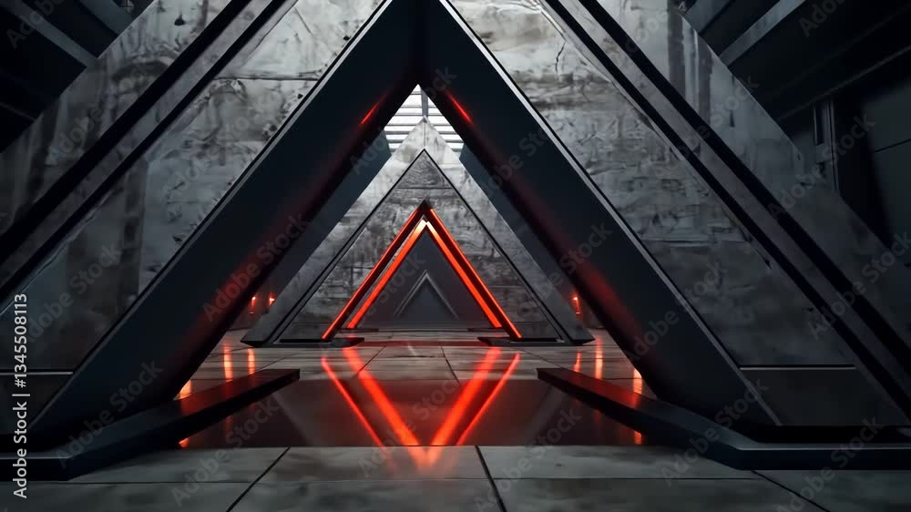 Futuristic, dark corridor with triangular, metallic structures, illuminated by red neon lights