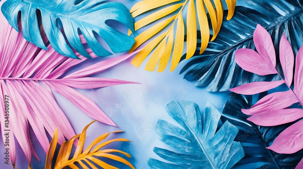 Vibrant tropical leaves in a flat lay design, embodying simplicity and summer essence. Vibrant tropical leaves in a flat lay design, embodying simplicity and summer essence.