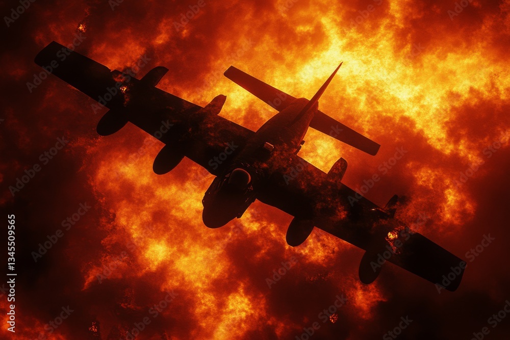 Airplane in Flames Over Fiery Background Dramatic Action Scene Airplane in Flames Over Fiery Background Dramatic Action Scene