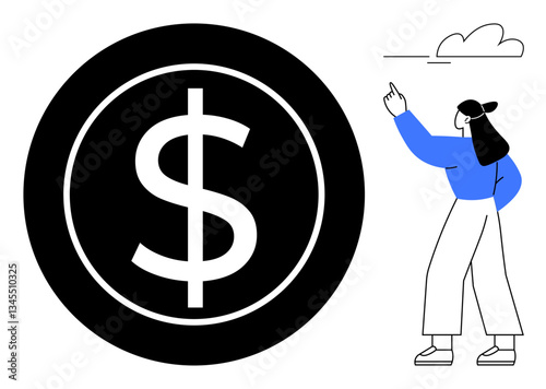 Female figure pointing at oversized dollar sign inside bold circle, hinting at financial focus or earning potential. Ideal for business, budgeting, savings, investment, marketing, monetization