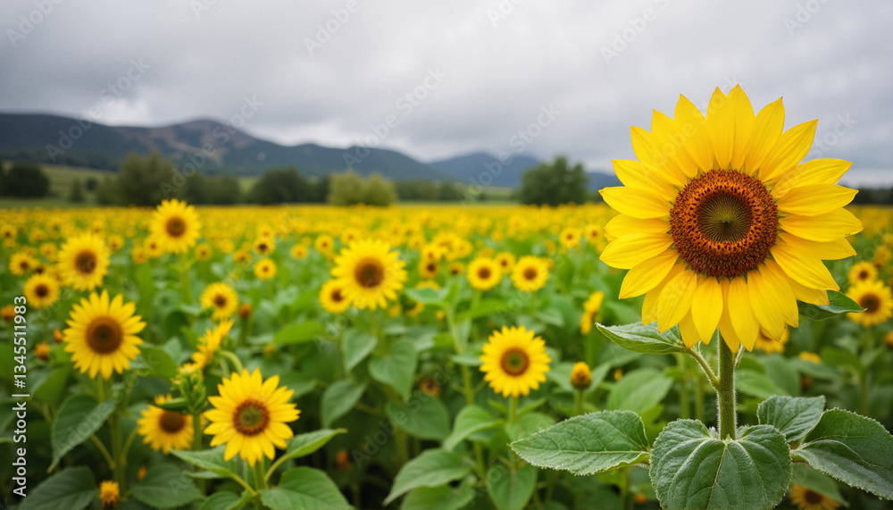 Obraz premium Sunflower field vibrant yellow blooms against cloudy mountains 