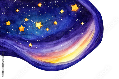 A dreamy watercolor depiction of a night sky filled with stars and a gradient of colors, creating a serene and magical atmosphere.