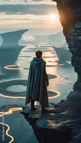 A solitary explorer, clad in a futuristic cloak, stands at the edge of an Otherworldly Cliff.