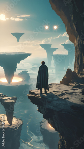 A solitary explorer, clad in a futuristic cloak, stands at the edge of an Otherworldly Cliff.