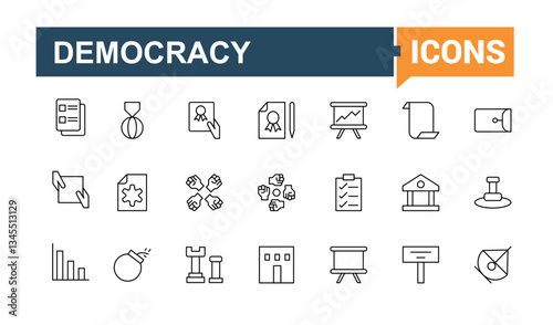 Diplomacy icon set. Contain linear sign politic, peace, politics, ambassador, diplomat, bilateral and more. Isolated icons. Alliance icon collection. Vector illustration in modern line style.