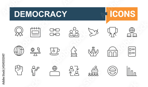 Diplomacy icon set. Contain linear sign politic, peace, politics, ambassador, diplomat, bilateral and more. Isolated icons. Alliance icon collection. Vector illustration in modern line style.